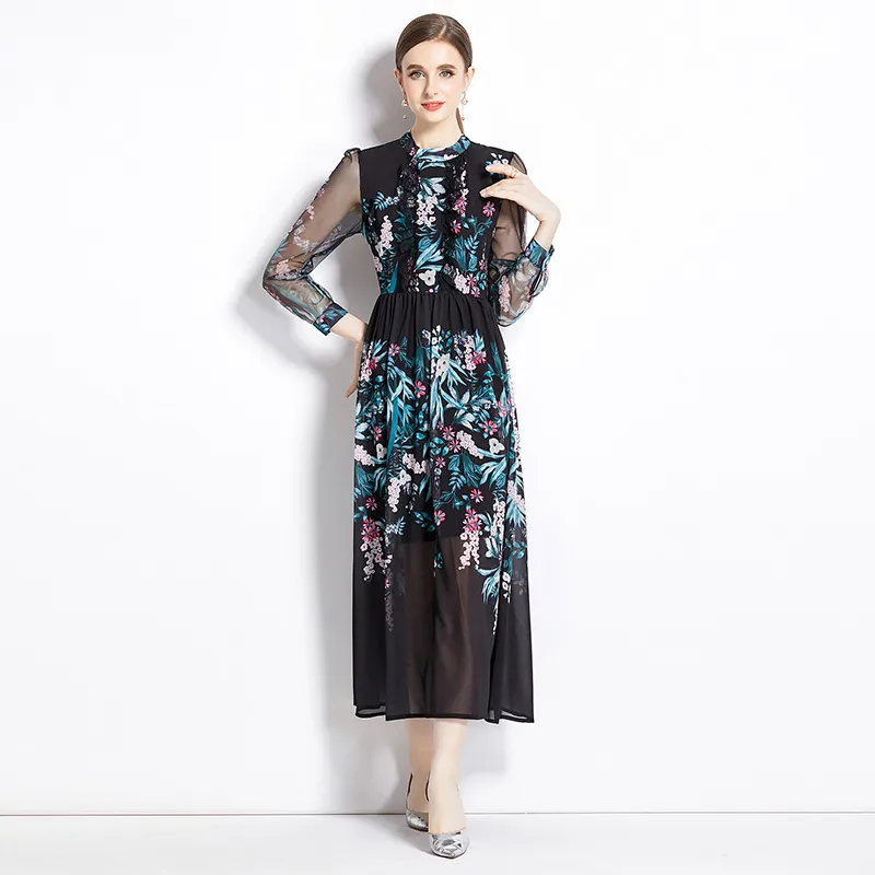 Urban Sexy Women Dresses Summer Holiday Long Flowy Dress Runway Women's Mesh Lantern Sleeve Floral Print Black Vintage Party Vestidos Vacation Feminino 2024