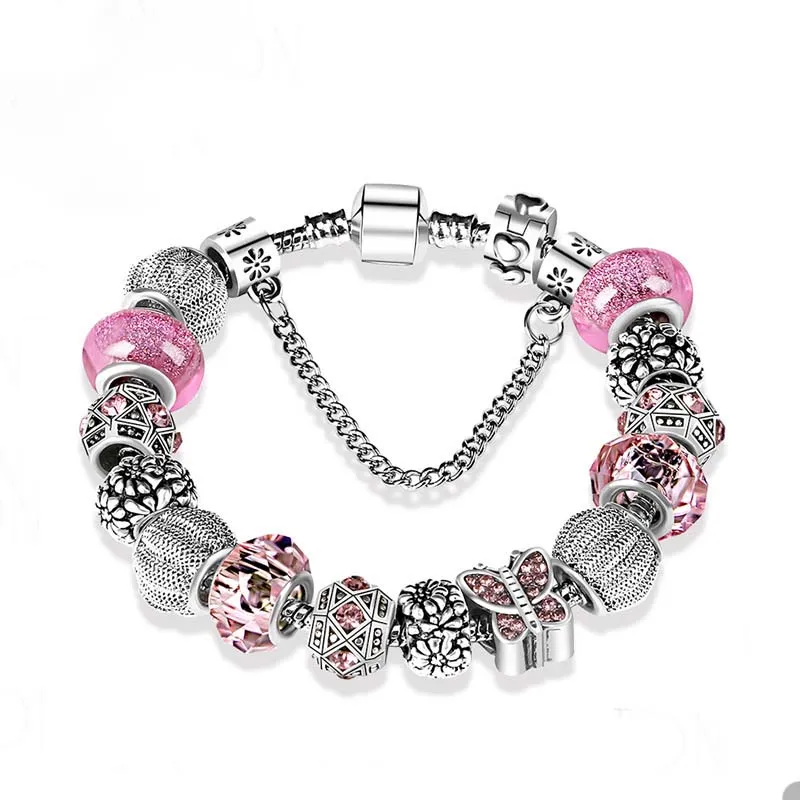 925 Pulseira de charme de borboleta de prata esterlina Conjunto para Pandora Snake Chain Charms Bracelets for Women Girlfriend Gift Designer