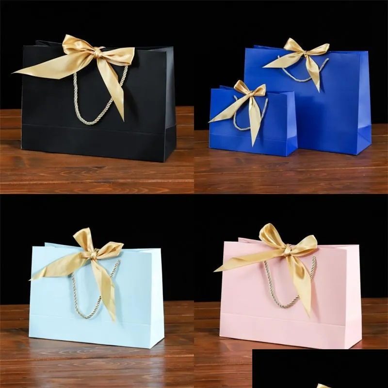 Gift Wrap Bow Square Bottom Packaging Bag Pure Color Silk Ribbon Handväskor Pappersförpackning Paket Party Colourf Charm 2 3KZ N2 Drop D DHHMC