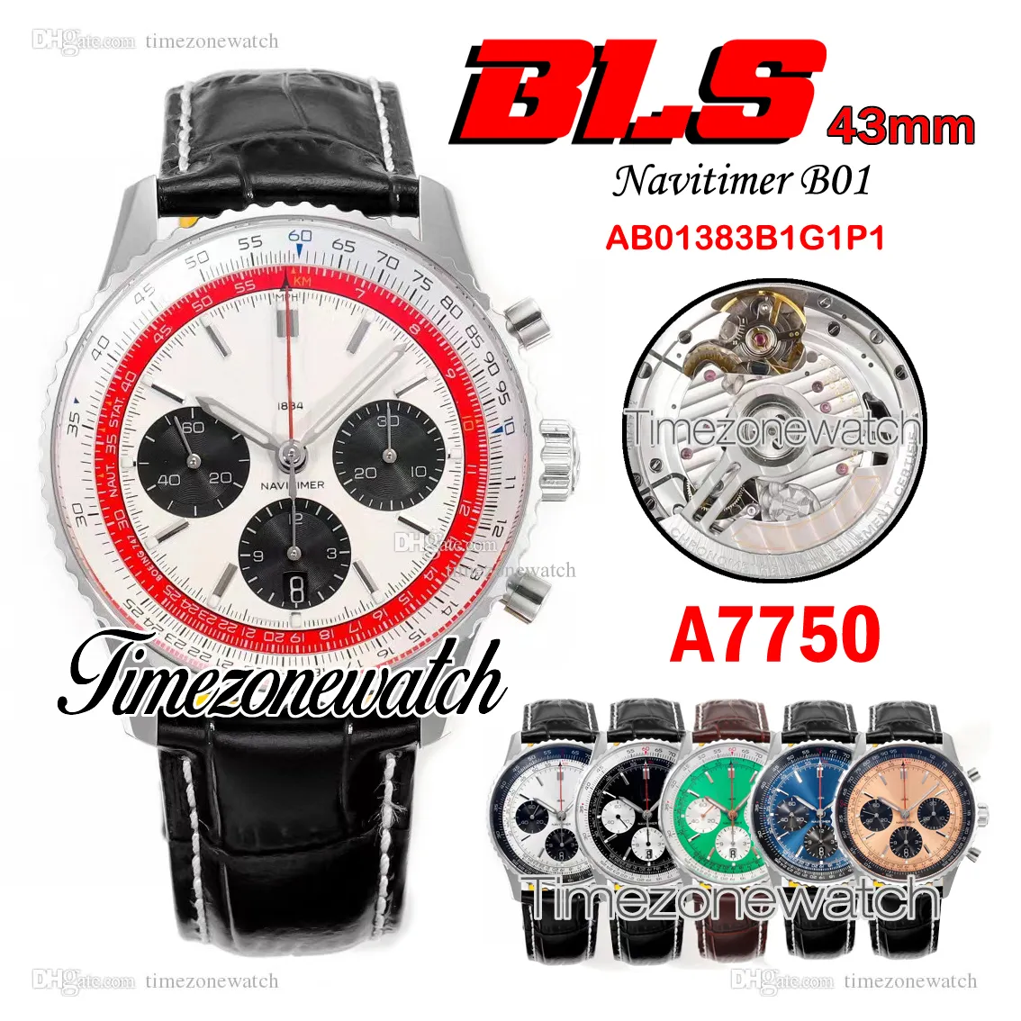 BLS Navitimer B01 ETA A7750 automatische chronograaf herenhorloge rode binnenkant witte wijzerplaat bruine lederen band AB01383B1G1P1 Super Edition Timezonewatch C148B