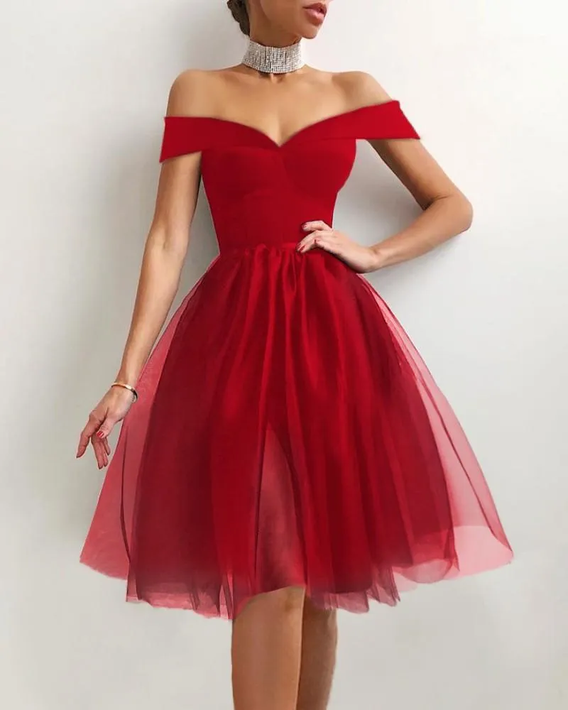 Lässige Kleider Vestidos Para Bodas Mujer Invitada Elegantes schulterfreies Damen kurzes Kleid für die Hochzeit Rot Schwarz Damen Mode Kleidung Sommer