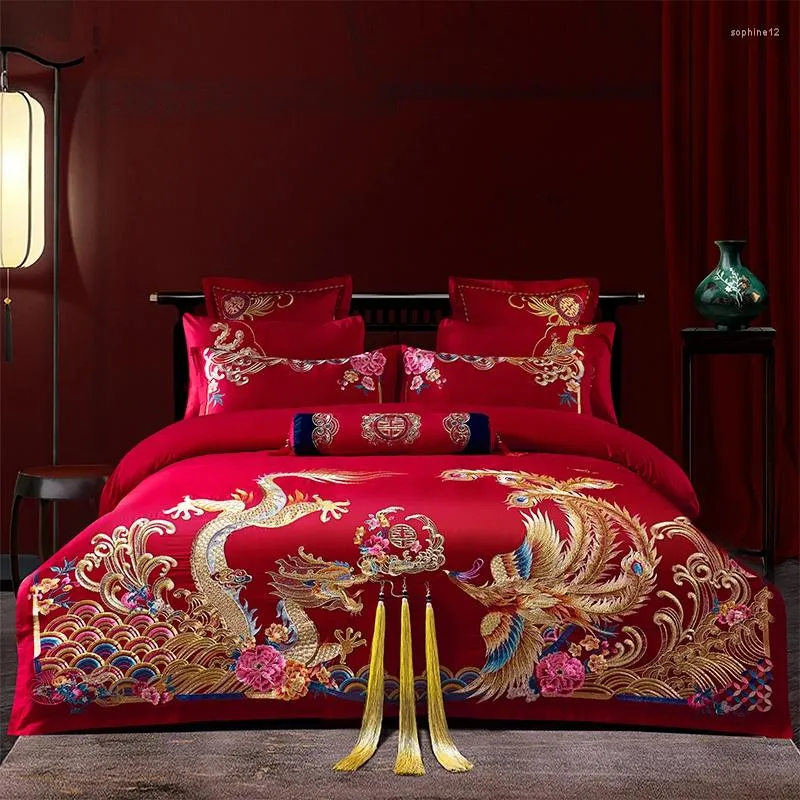 Bedding Sets Chinese Style Luxury Wedding Set Egyptian Cotton Gold Loong Phoenix Embroidery Tassels Duvet Cover Bed Sheet Pillowcases