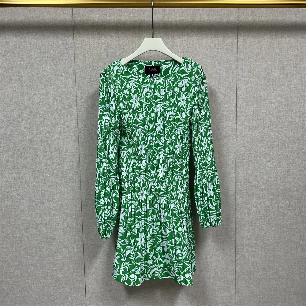 green midi Dress casual Maje French Style green Dress Silhouette Floral Printed Pleated Dress for Women