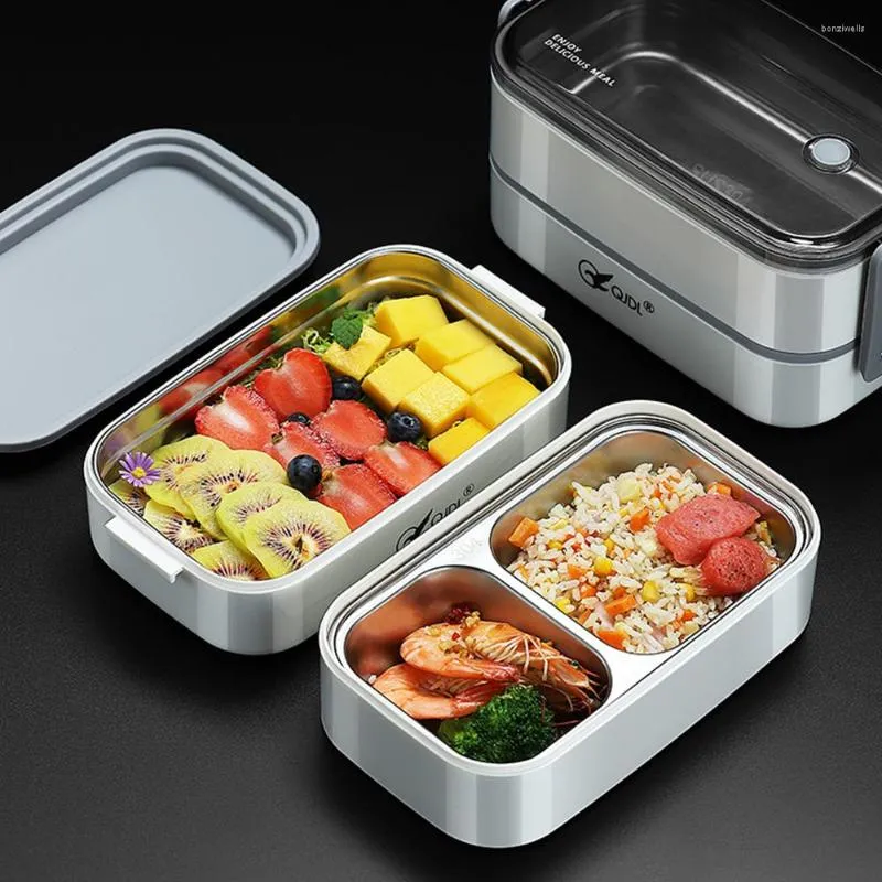 Servis uppsättningar Lunch Box Bento 304 Rostfritt stål Läcksäker termisk förvaringsbehållare för vuxna barnskola 2 lager 3 rutnät