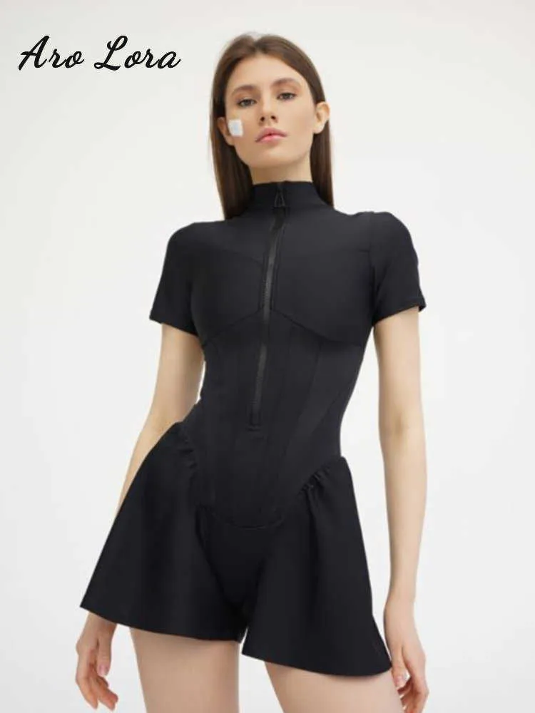 حللا للسيدات رومبيات مثيرة bodycon playsuit نساء بذلة o رقبة قصيرة الأكمام السوستة البودز أنثى أنيقة ألعاب رفيعة رومائية الملابس الرياضية p230419