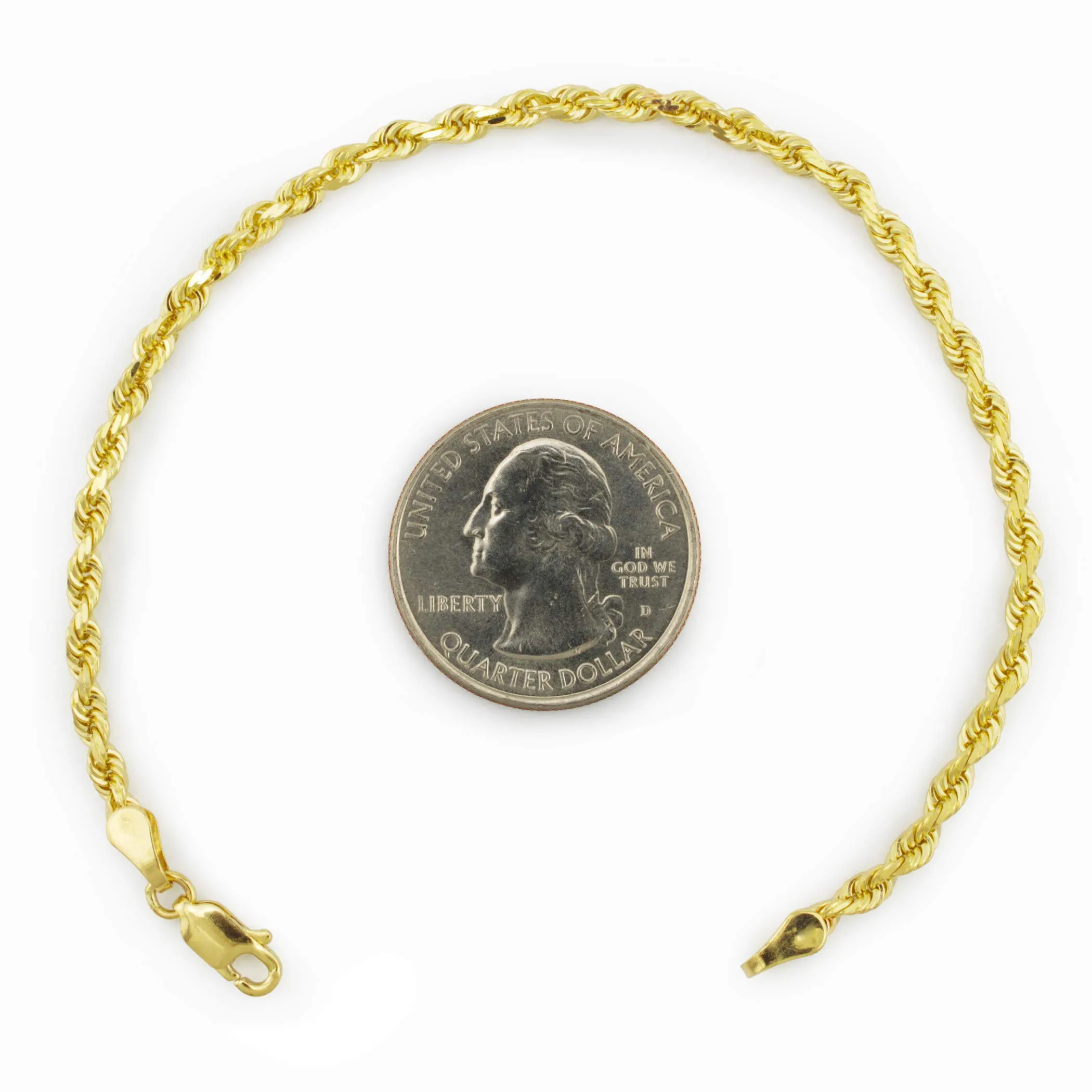 Браслет или ножной браслет из желтого золота 14 карат с веревочной цепочкой и бриллиантовой огранкой толщиной 2 мм