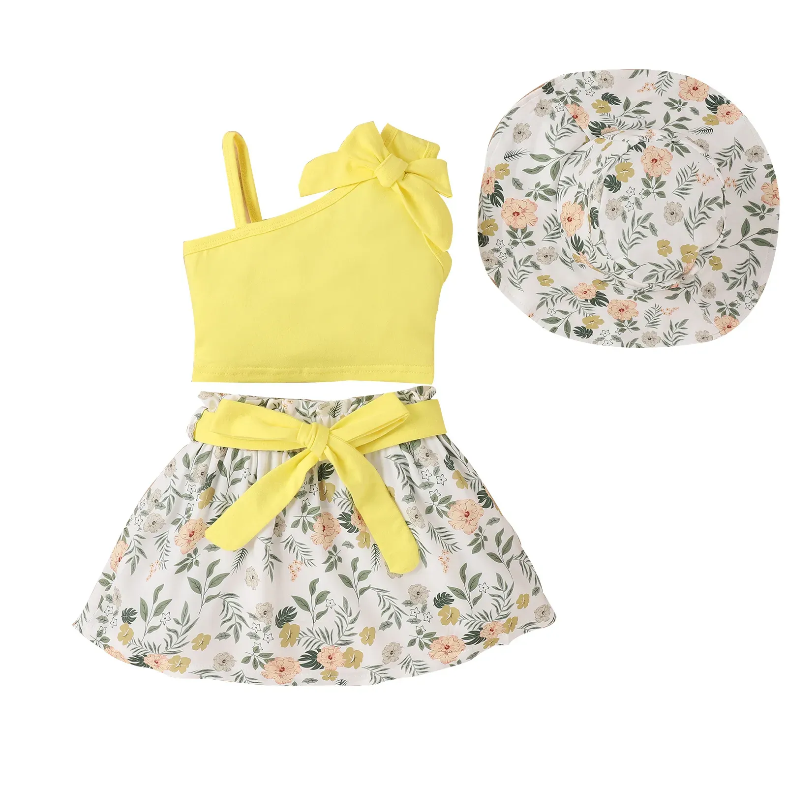 Summer Kids Girls Clothing Set Suspender Top com Florals Skirt Hat Chlildren Girl Descreados de roupas causais