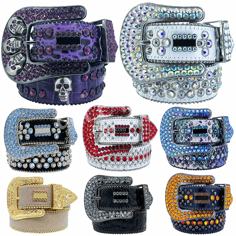 BB Simon Belt Skull Belts For Women Men Designer Shiny Diamond Bling Rhinestones Retro Needle Buckle Belt Black Blue White Multicolour