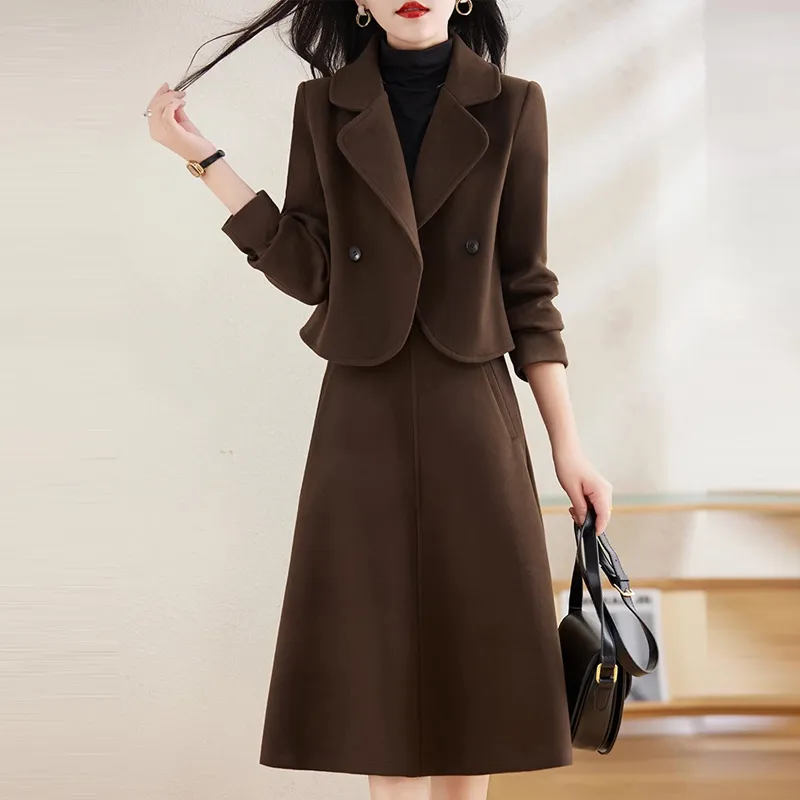 Womens Wool Coat Skirt Set Elegant Fall Winter Outfit, Western