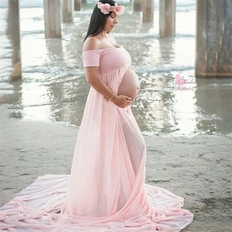 マタニティドレス妊娠のためにスリットフロント妊娠妊娠服マキシガウン女性セクシーなポーシュートポグラル230419