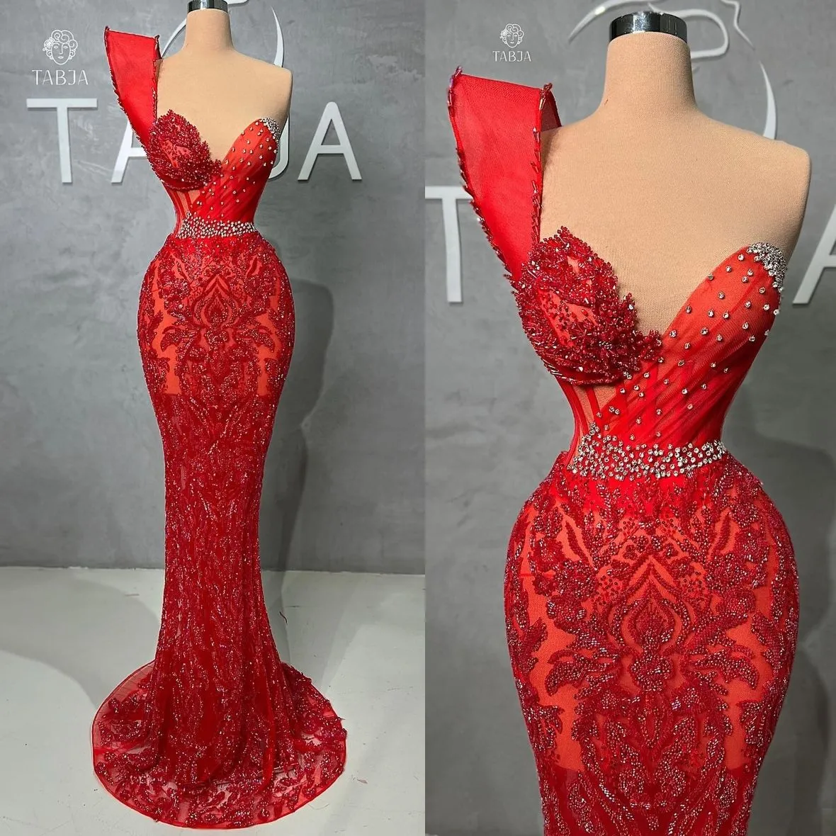 Exquise Red Mermaid Prom Dresses One Schouder V Neck Party Jurken Beading Lace Custom Made Evening Jurk