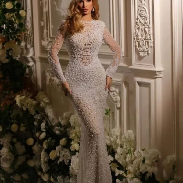 Evening dress Yusuf Aljasmi White Pearl Mermaid Long Dress zuhair Murad kim kardashian