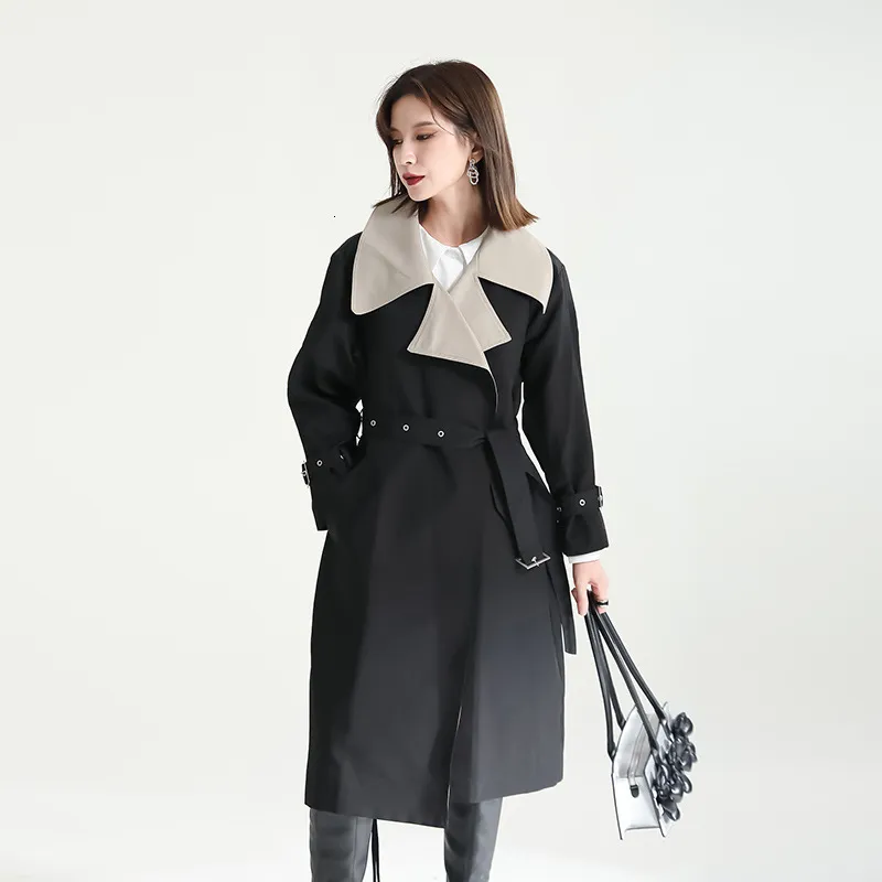 Kvinnorjackor 2023Autumn och Winter Navy Collar Splicing Color Windbreaker Coat Women's Design Sense of Midlength 230418