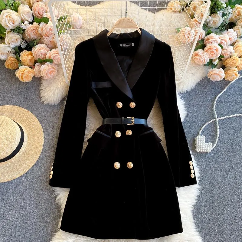 Casual Dresses Runway Autumn Winter Luxury Women's Tweed Suit Collar Long Sleeve Dress Elegant Double Breasted Black Vestidos