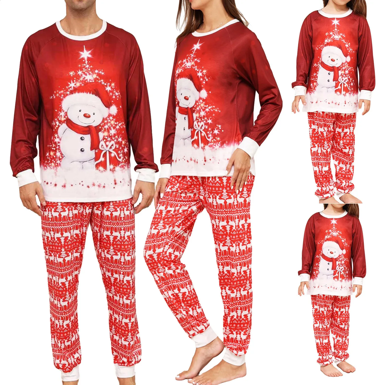 Famille correspondant tenues 2 pièces pyjamas bonhomme de neige imprimé ensemble de noël confortable vacances noël vêtements de nuit costume parent enfant vêtements de maison 231118