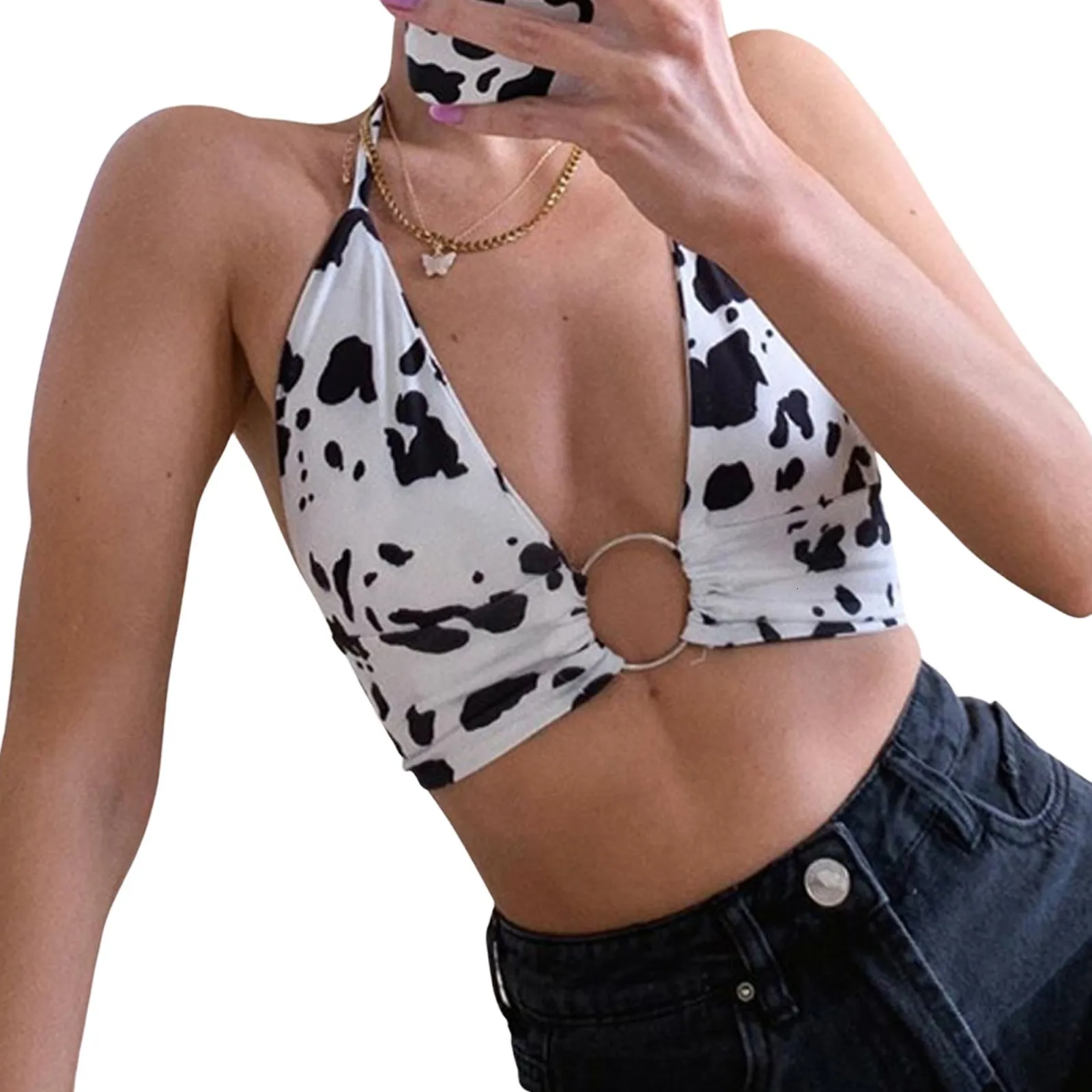 Canottiere da donna Camis Sexy Summer Cow Print Crop Top Scollo a V senza maniche Sling Halter Vest con anello in metallo per ragazze Streetwear 230419