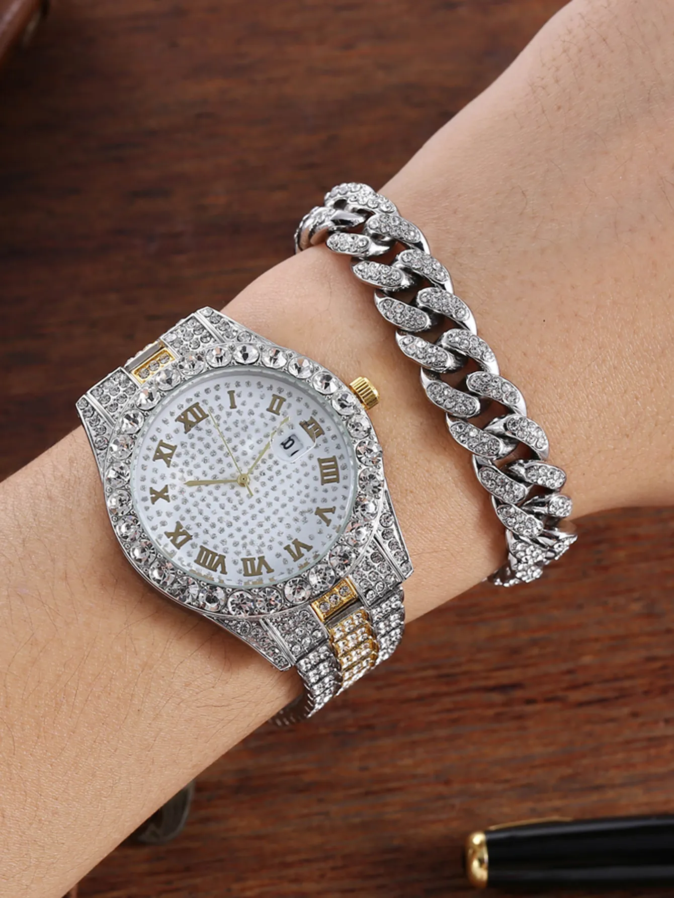 Punk Hip Hop Diamond Studded Chain Watch For Men Set A07582 230419