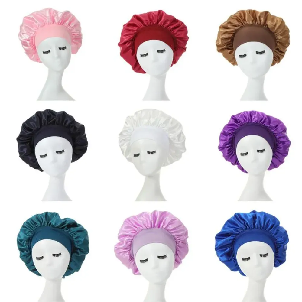 Solidny kolor satynowy szeroki zespół nocny dla kobiet dziewczyna elastyczna czapki snu maska ​​do pielęgnacji włosów moda akcesoria i0419
