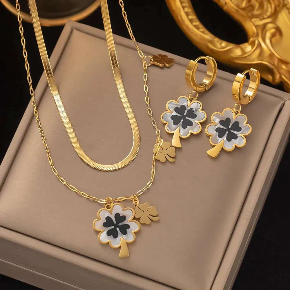 Wedding Jewelry Sets Fashion Four leaf Clover Stainless Steel Earrings Necklace Set For Women Lucky Turkish Blue Eyes Drop Pendant Daywear 231118