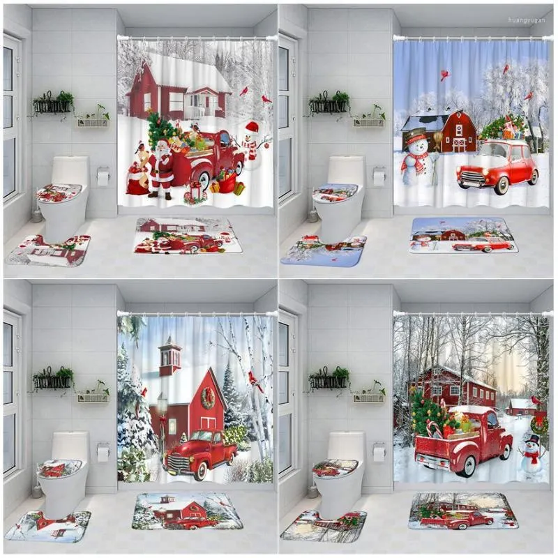 Douchegordijnen kerstbadkamer set boeren truck xmas booms sneeuwman winterbos landschap decor tapijt bad matten toilethoesmat