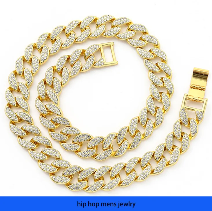 Hip Hop -halsband för herrguldkedja Iced ut kubanska kedjor 15 mm platt linje hiphop kubansk halsband strassarmband