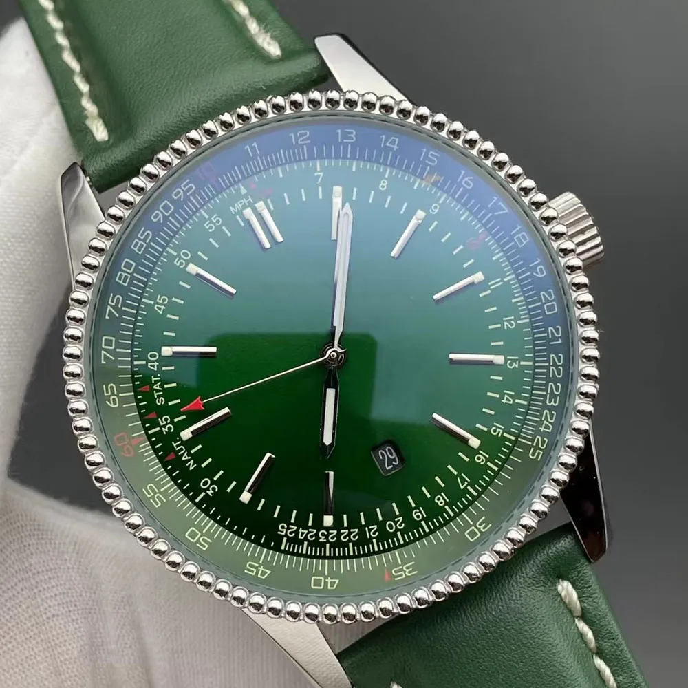 46mm Navitimer Green Dial Watch Automatisk mekanisk rörelse Silver Dial 50 -årsjubileum Män tittar på brunt läderremmar