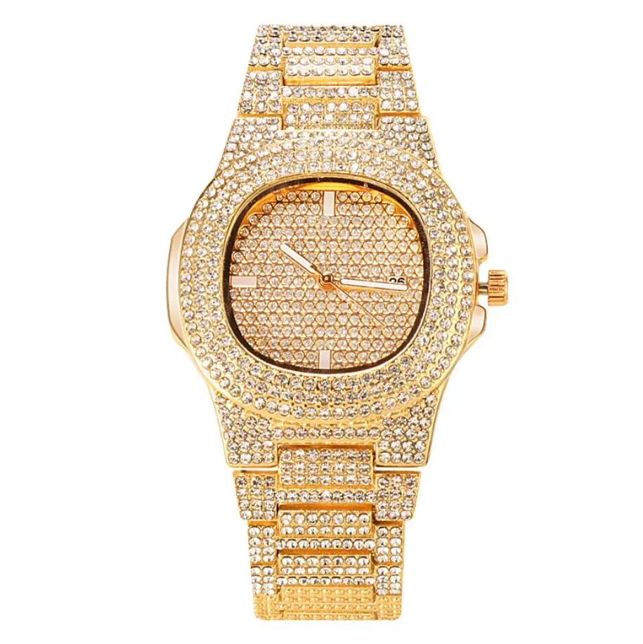 Luxury dames kijken naar ijskoud horloge met kwarts crystal rhinestone diamant horloges dames roestvrijstalen polshorloge volledige diamanten