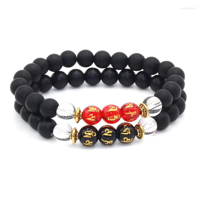 Strand Tibetian Om Mani Padme Hum Carved Obsidian Beads Charm Armband Lava Matte Stone Armband för män och kvinnor gåva grossist