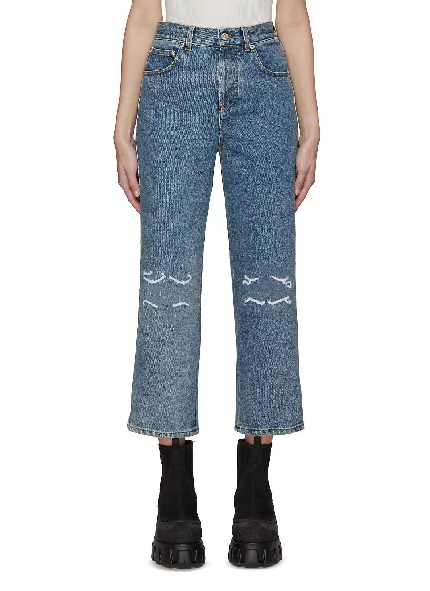 Designer broderi anagram jeans beskurna byxor kvinnor kvinnlig vår sommar mode hög midja bred ben flare raka byxor avslappnad stil lös byxor