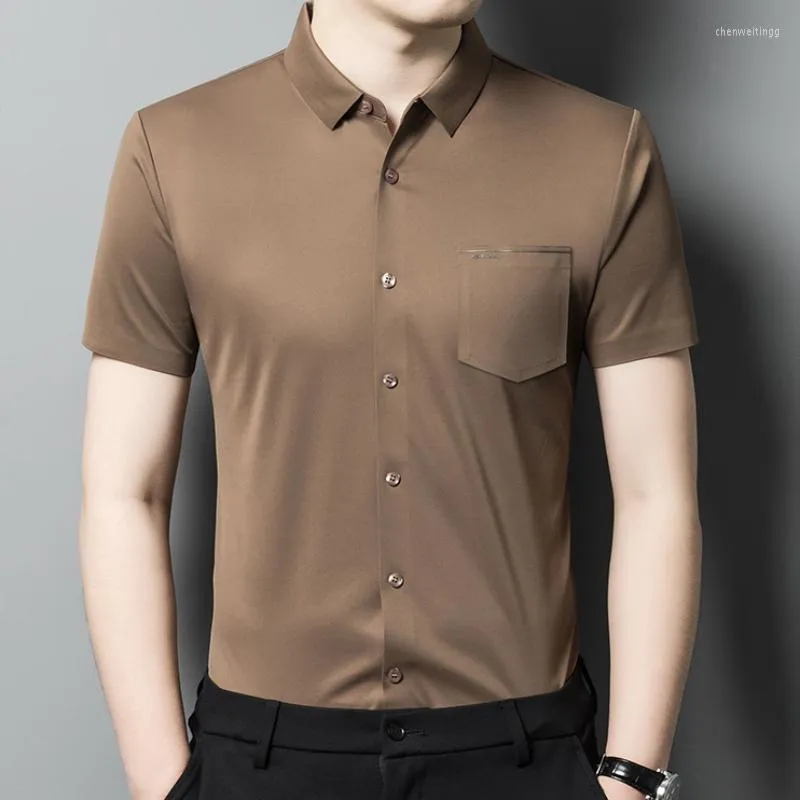 Men's Casual Shirts Minglu High Elasticity Seamless Mens Luxury Short Sleeve Solid Color Business Thin Male Dress Plus Size 4XL