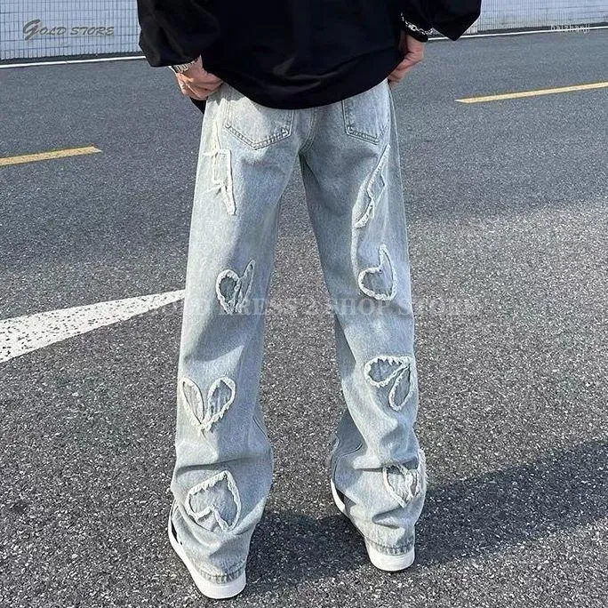 Mäns jeans high street tvättade och slitna ins n hip-hop kärlek patch baggy raka byxor grafik