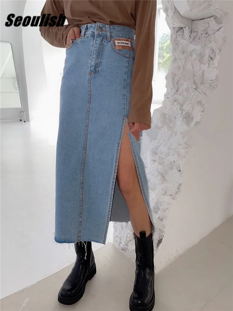 Skirts Seoulish Summer Women's Long Denim Skirt Vintage High Wasit Jeans Skirt Female Straight Side Split A-line Pencil Skirts 230418