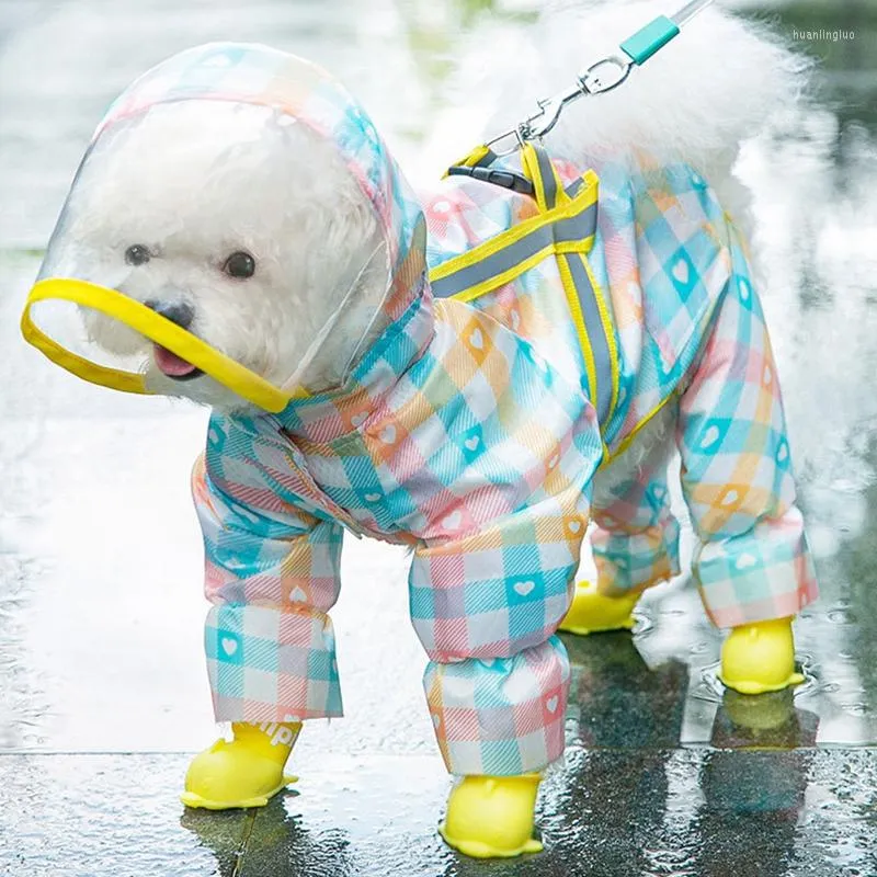 Dog Apparel Lattice Print Raincoat Rain Boots Waterproof Quick Dry Fabric Outdoor Reflective Strip Small And Medium Puppy Cat Clothes