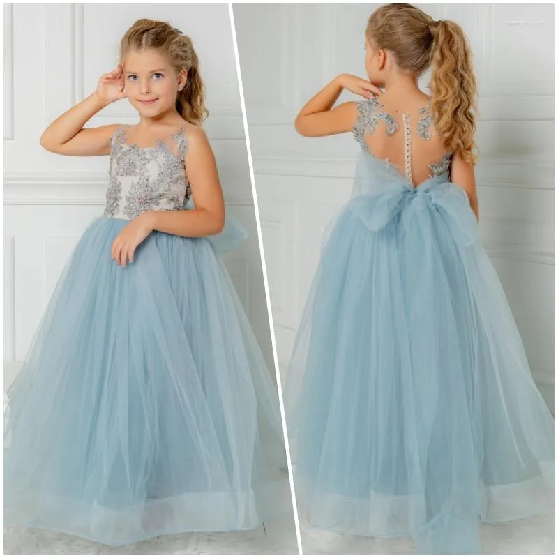 Vestidos de menina Flor Princesa Sleesess Lace Applique Tulle Soft First Communion Girls Concurs