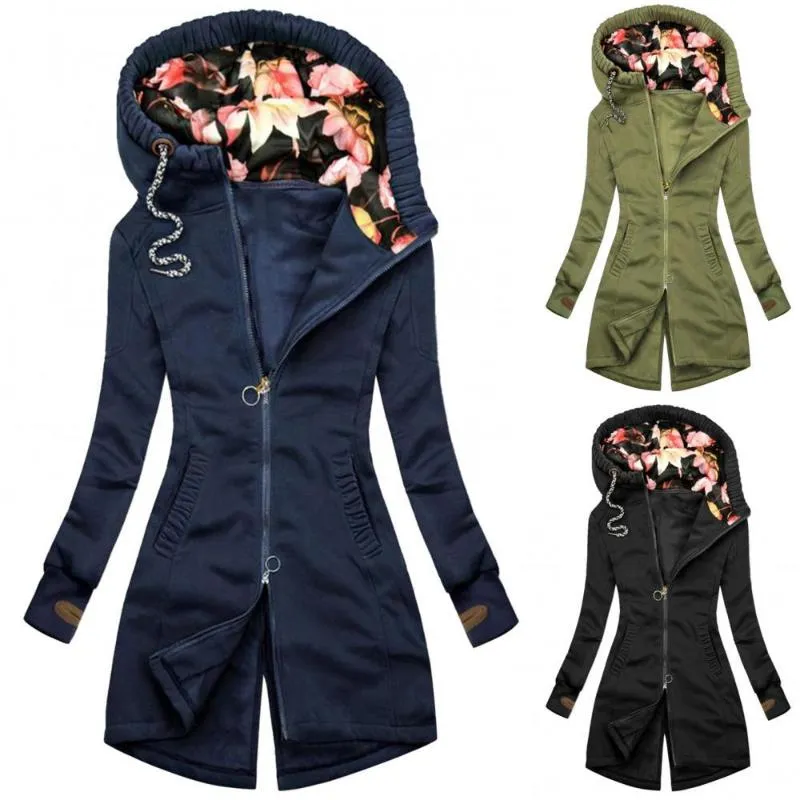 Gabardinas para mujer Otoño Invierno Mujeres Abrigo de manga larga Zip Irregular Estampado floral Chaqueta con capucha Abrigo Mujer