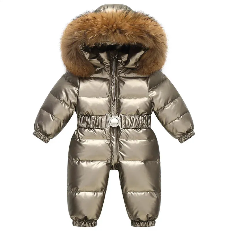 Rompers Russia Winter Kids Snowsuit Shiny Gold Silver Outdoor Duck Down Big Fur Collar Outerwear Toddler Baby Overall Jumpsuit 231118