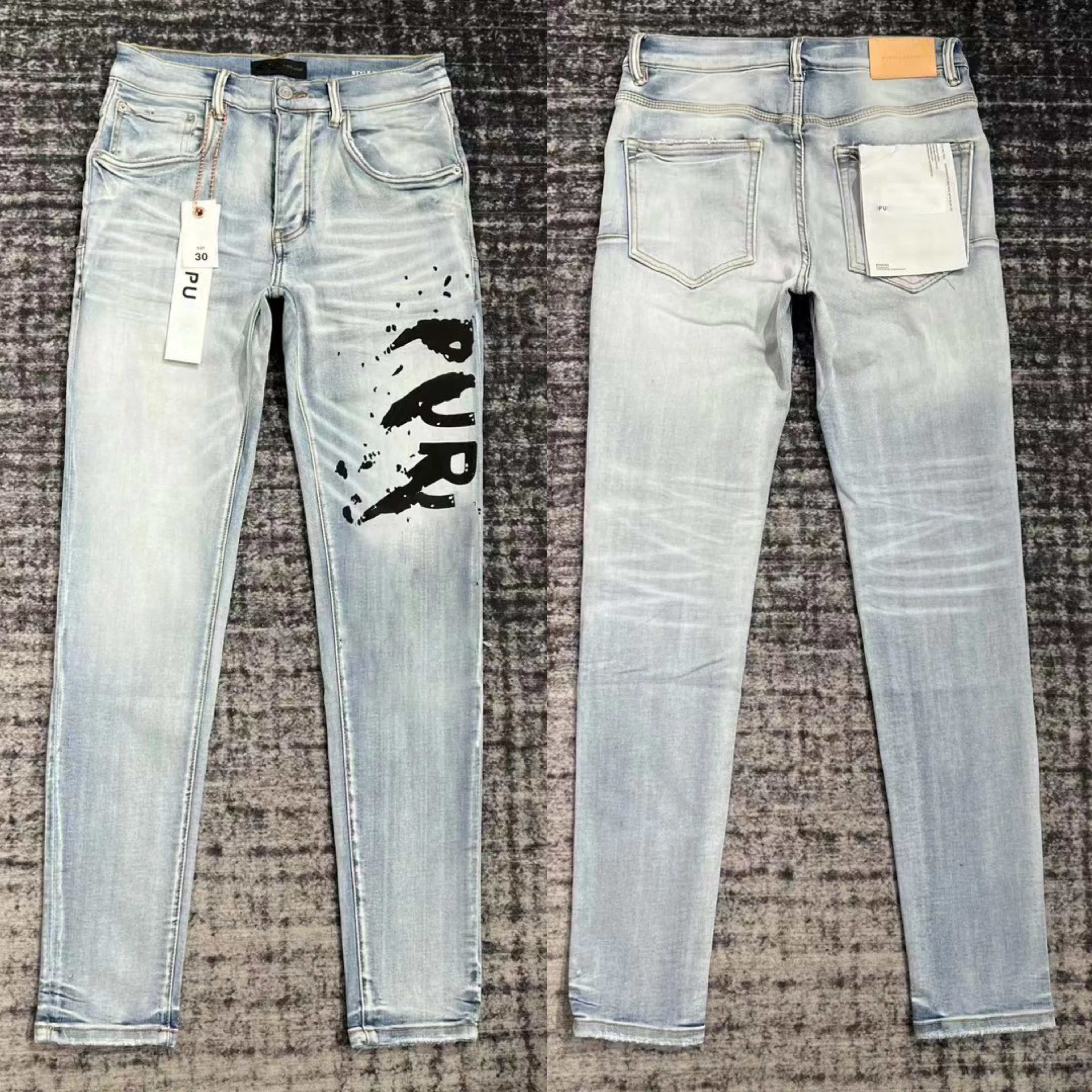 Lila rippad cyklist smal rak mager byxor designer stack jeans mode jean herr trend varumärke vintage byxa oss size