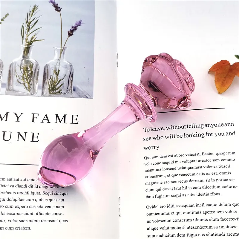 Dildo de vidro formato rosa plug anal rosa para mulher_voghion.com