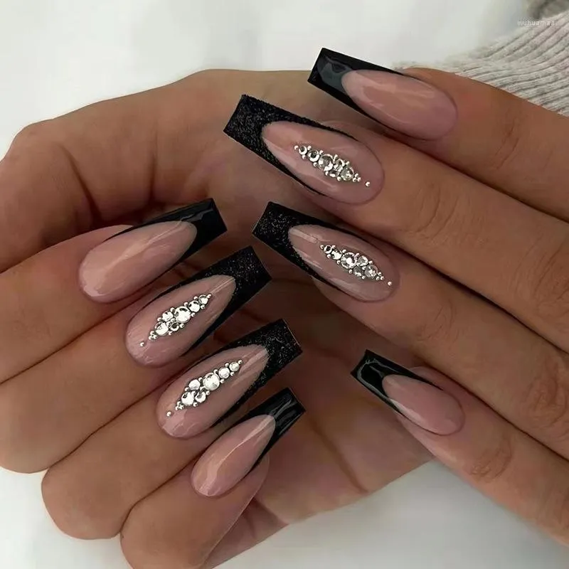 Faux ongles 24P noir français doux Cool Long Ballet faux Flash Pile diamant poudre presse sur ongles conseils filles Art