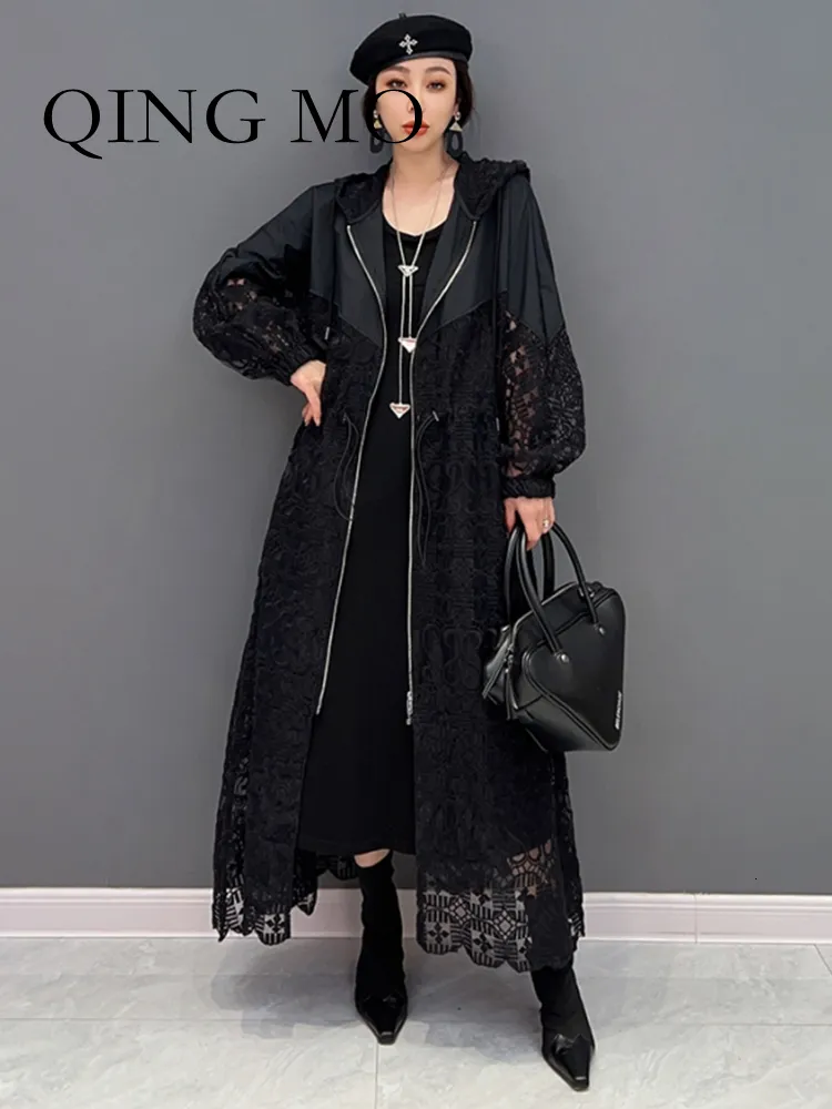 Vestes Femmes Qing Mo 2023 Printemps Été Mode Coréenne Splice Creux À Capuche Oversize Coupe-Vent Femmes Femme Trench Solaire Manteau ZX72 230418