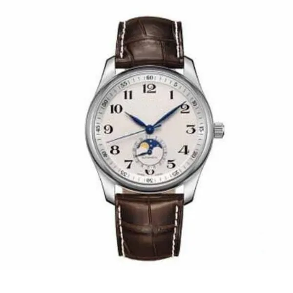 Relógio masculino clássico relógios automáticos mecânicos para homens mostrador branco pulseira de couro marrom 001