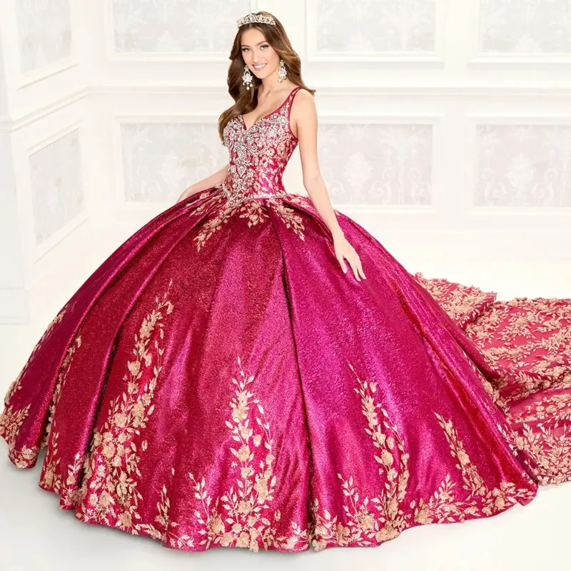 Rotes glänzendes mexikanisches Quinceanera-Kleid mit V-Ausschnitt, Applikation, Spitze, Perlen, Geburtstagsfeier, formelles Kleid für das Süße 16-Kleid, Vestidos XV Anos 15 de