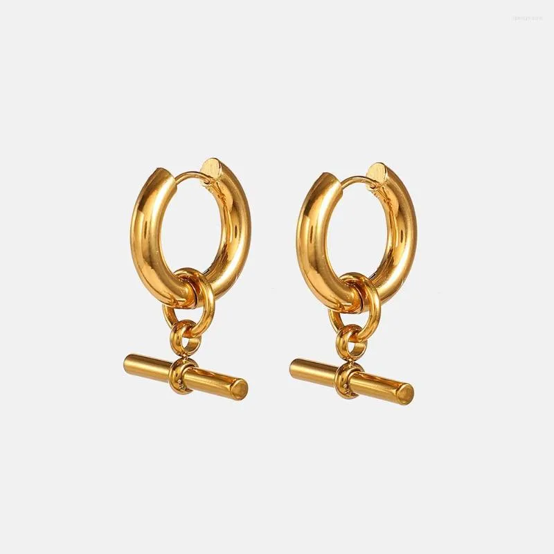 Hoop Earrings 18K Gold Plated Stainless Steel T Bar Pendant For Women Metal Dangle Earring Waterproof 2023