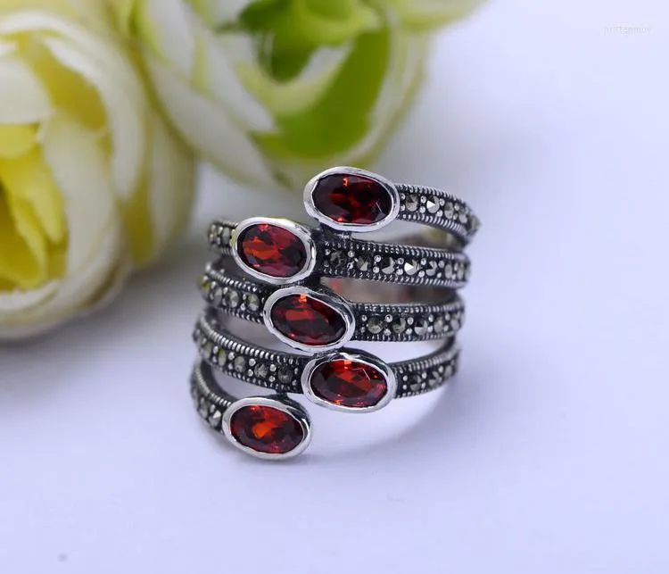 Ringos de cluster gemas de pedras preciosas naturais para mulheres Red Garnet Stone Real Pure 925 Sterling Silver Jewelry Multi -camada anel
