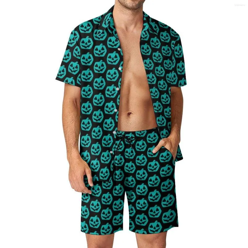Tute da uomo Halloween Set da uomo Set di camicie casual con stampa zucca verde acqua Pantaloncini da spiaggia Hawaii Abito estivo personalizzato Abbigliamento a due pezzi Grande