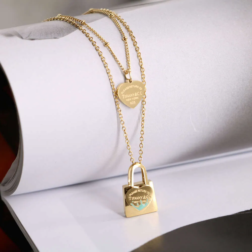 ISM -halsband Titanium Steel T Classic Blue Oil Drop Lock Love Double Layer Necklace For Women Gold Sweet Collar Chain Chain