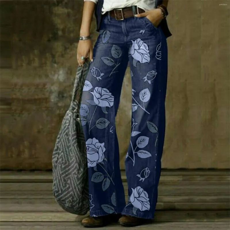 Dżinsy dżinsy kwiatowe spodnie kobiety luźne swobodne talii nogawki spodni proste szerokie powty yo-ga jogging spodni