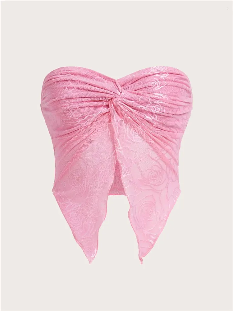 Zbiorniki damskie Camis Pink Sexy Twist Top Top dla kobiet Summer High Street Y2K Ubrania haftowe bez ramiączki stapeiki streetwear 2023 230419