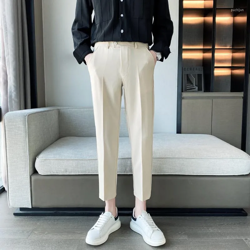 メンズスーツ2023韓国スタイルの足首の長さ春の男性ドレスパンツストレッチシンプルなスリムフィットカジュアルオフィスズボンフォーマルウェア36