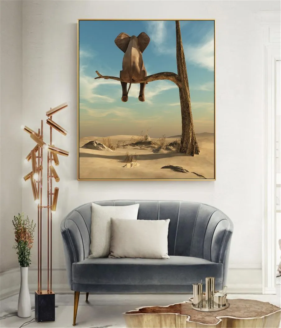 Väggkonst bilder modern minimalistisk duk målning rolig elefant träd nordiska stil affischer tryck hem dekor barn rum bild6224796